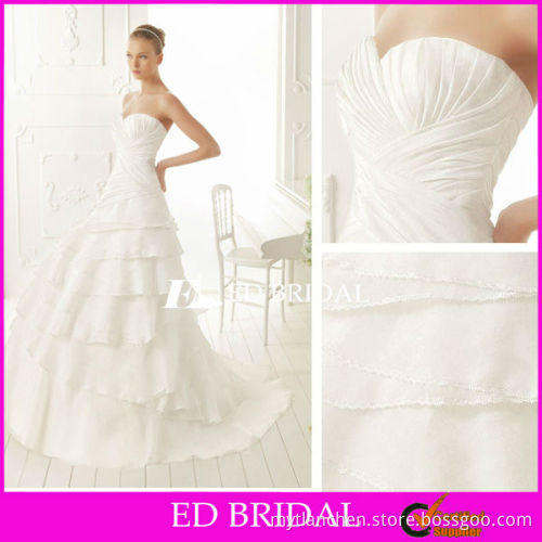 A Line Sweetheart Court Train Fit and Flare Organza Satin Wedding Dress With Layered Skirt